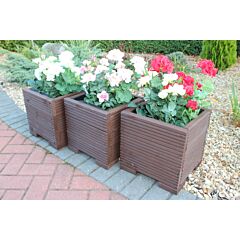 Set Of Three 32cm Square Wooden Garden Planter Painted in Brown