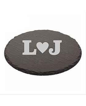 Love Heart Initials Engraved Natural Edge Round Slate Cheeseboard Platter 30 X 20cm