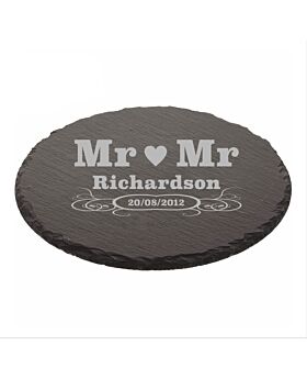 Mr Heart Mr Anniversary Engraved Natural Edge Round  Slate Cheeseboard Platter 30x20cm